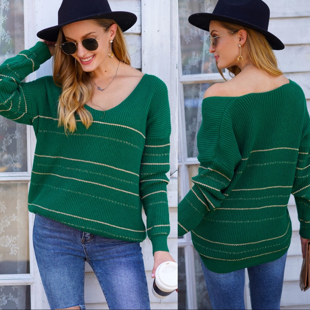 🍁🆕 Emerald V Neck Striped Sweater